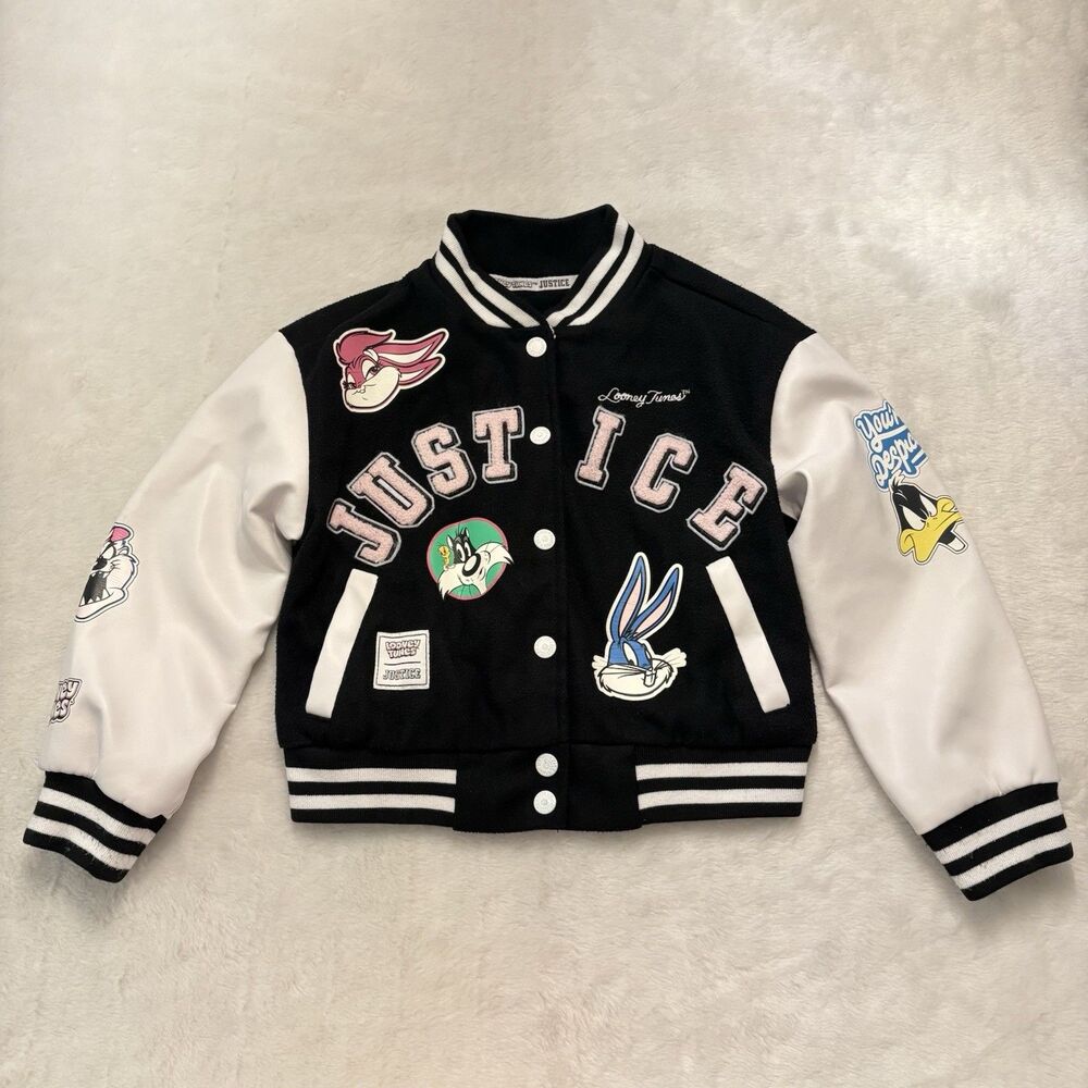 Justice Looney Tunes Girls Varsity Bomber Jacket Sz XS 5/6 Bugs Bunny ACME